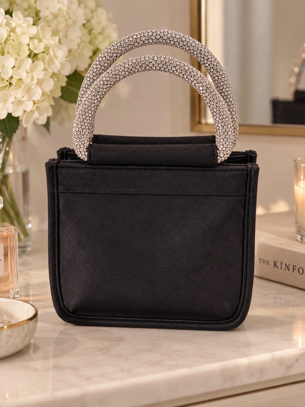 Rhinestone Crystal-Handle Black Satin Mini Tote Evening Bag
